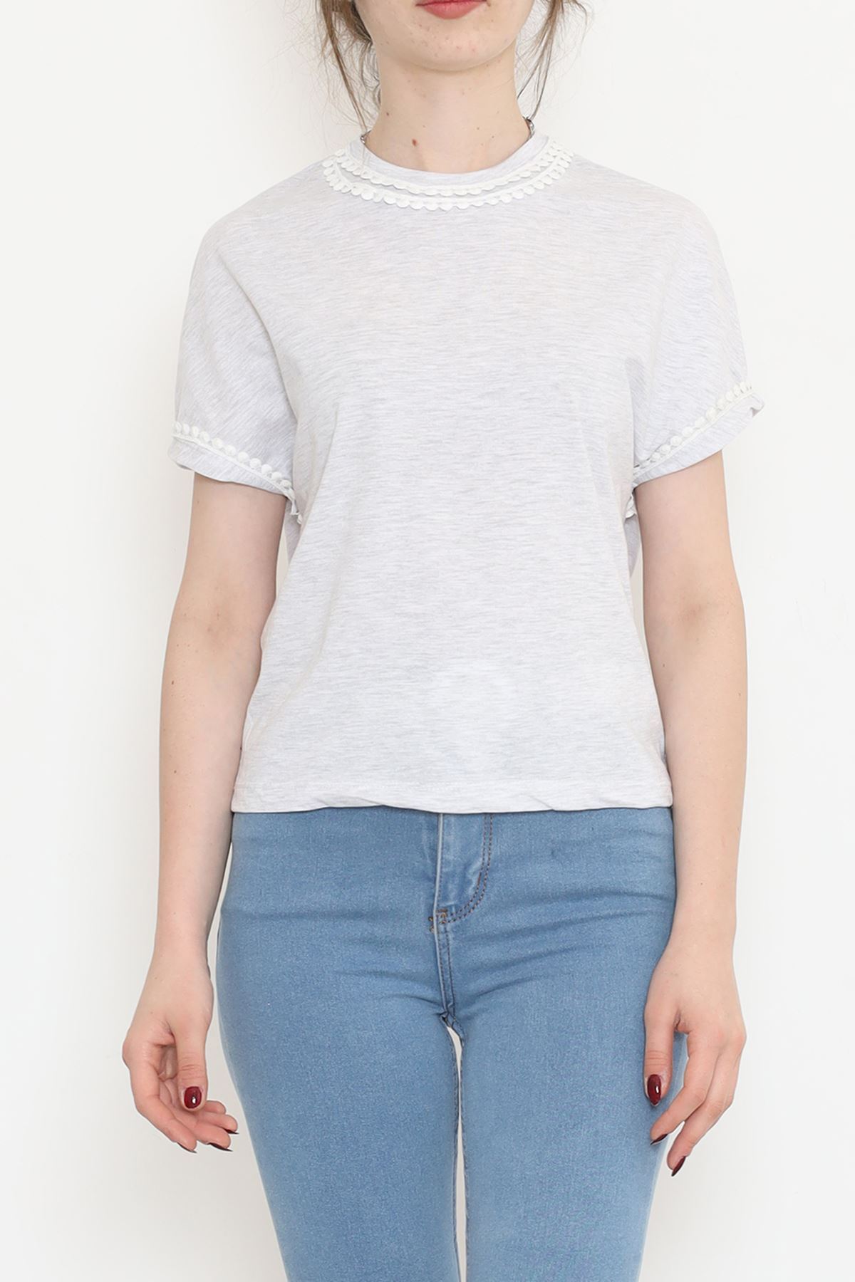 Collar Guipure Single Jersey T-Shirt Gray