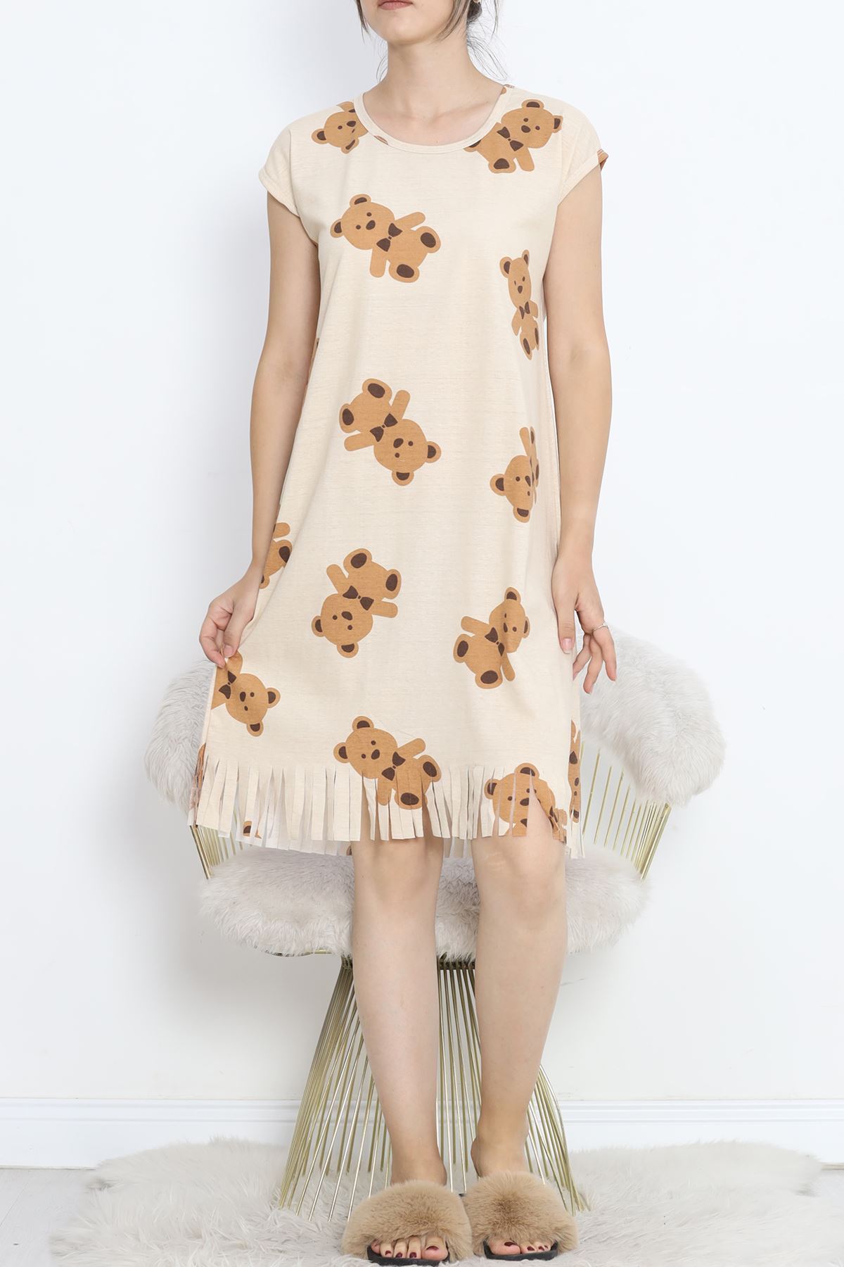 Printed Rotation Tasseled Dress Beige-Brown