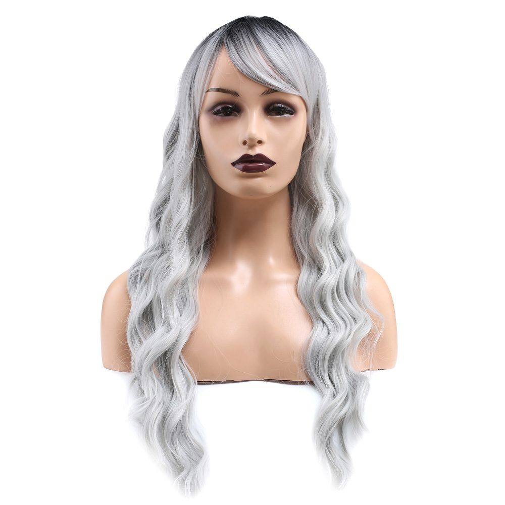 Kanekalon Fiber Synthetic Wig / Black / Light Gray Ombré with Long Water Wavy Look with Custom Bangs