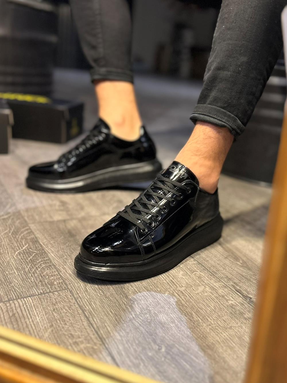 High Sole Casual Shoes Black Patent Leather (Black Sole)