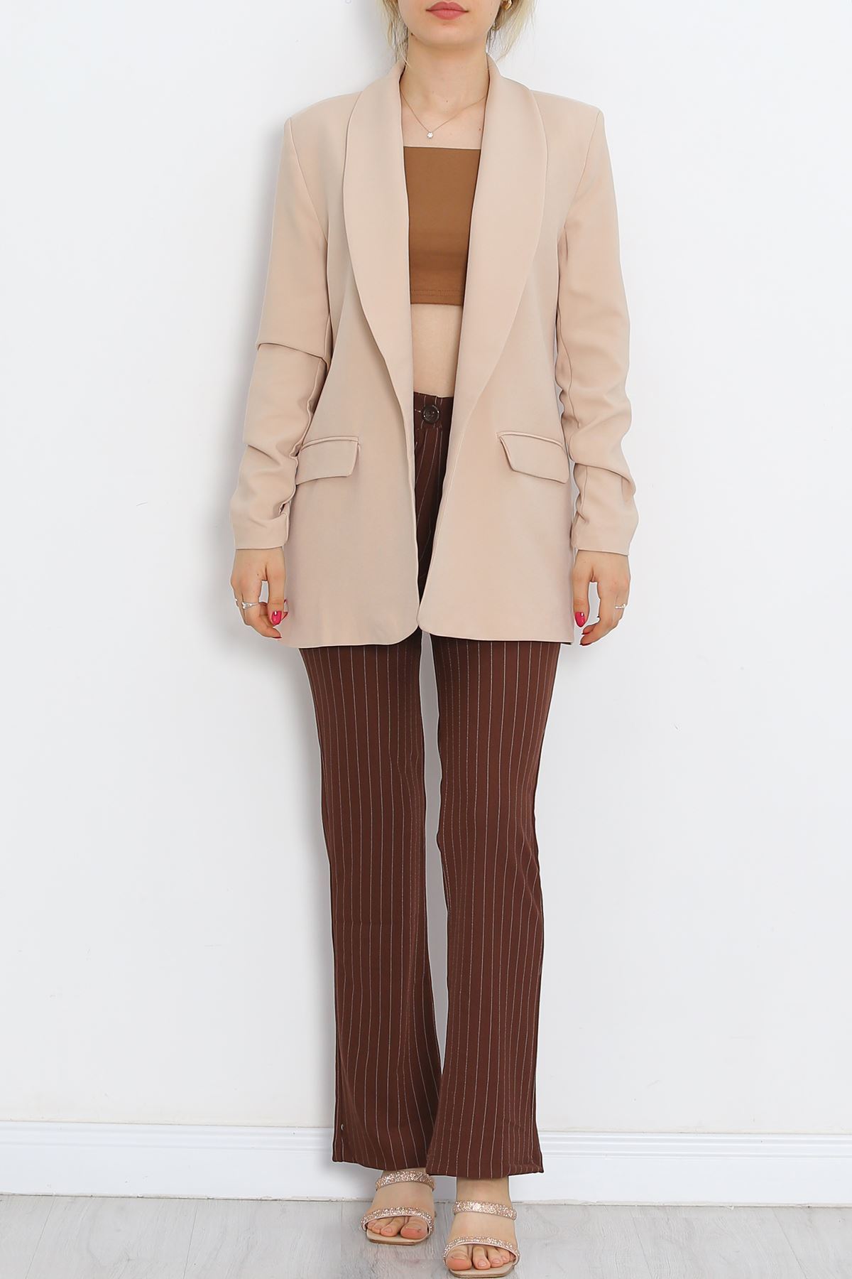 Sleeve Shirred Blazer Jacket Beige