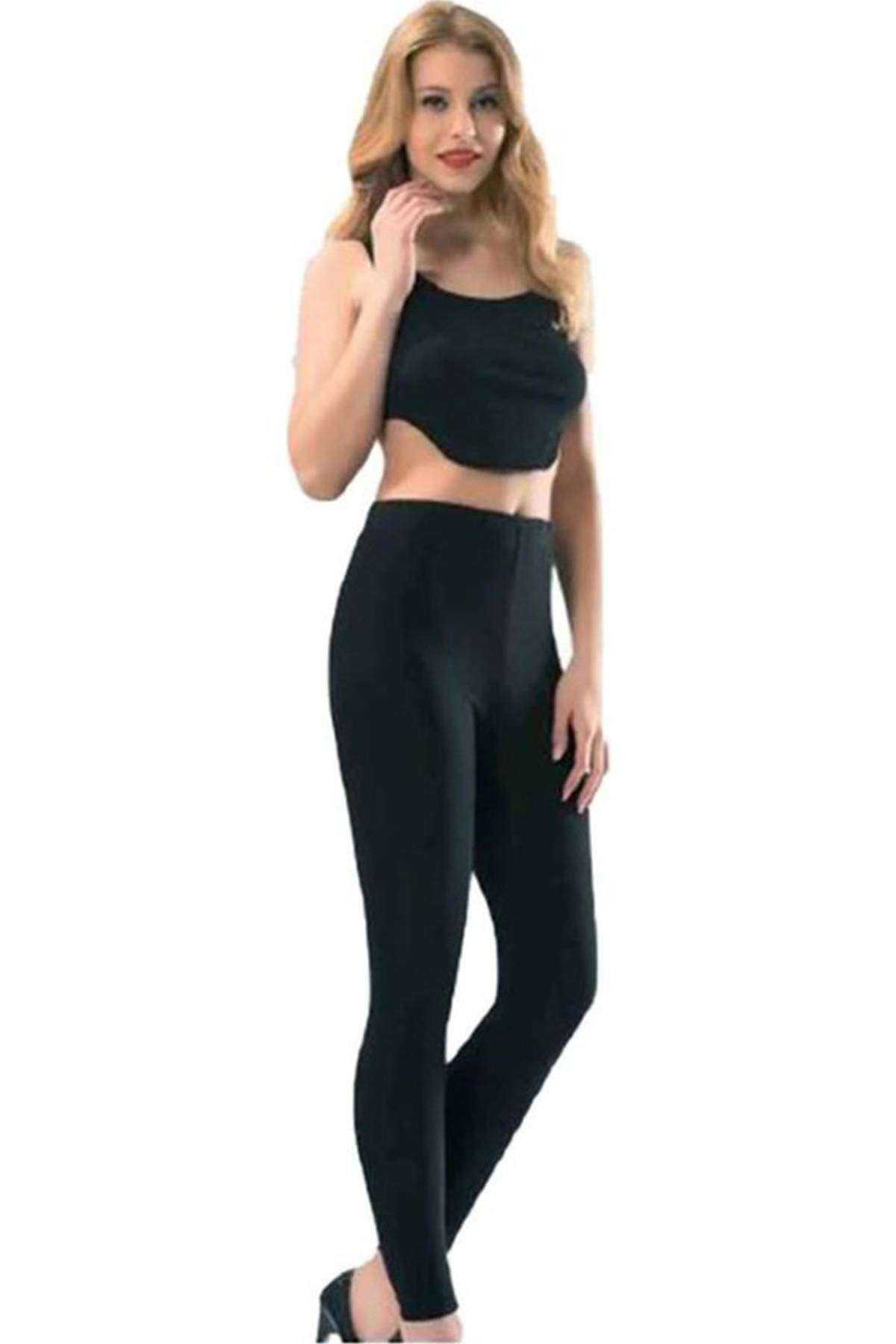 Women's Long Leg Folded Lycra Sports Plain Leggings Black 4000