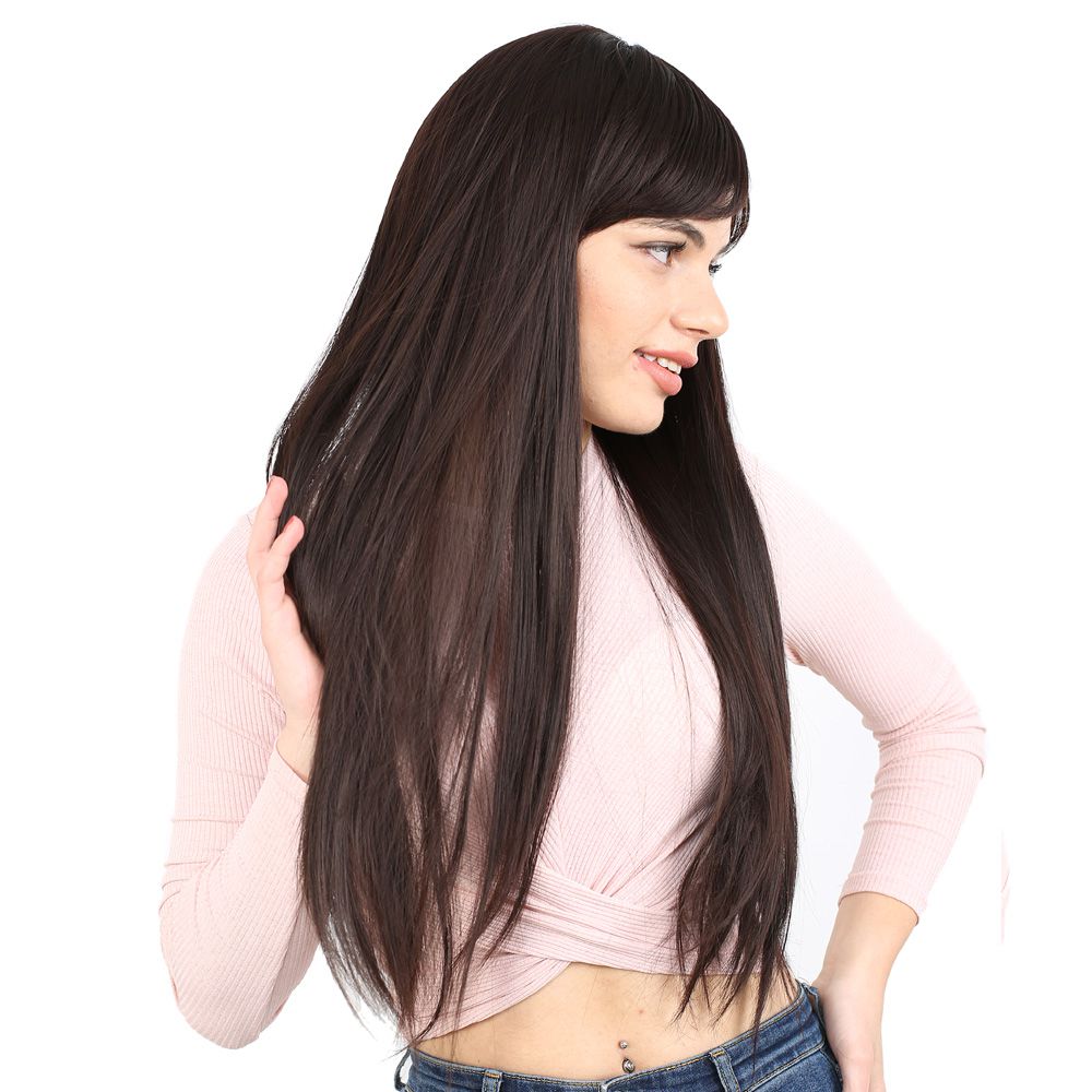 Kanekalon Fiber Synthetic Long Straight Bangs Wig / Dark Brown