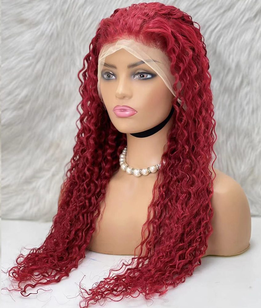 Real Hair Front Lace Tulle Wig / Water Wavy Look / Red 70/75cm