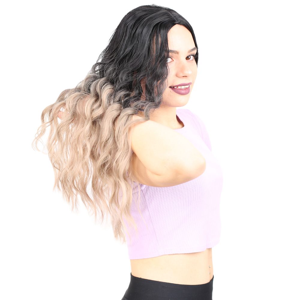 Kanekalon Fiber Synthetic Wig / Black / Ashy Baby Yellow Ombré with Water Wavy Look Long Bangs