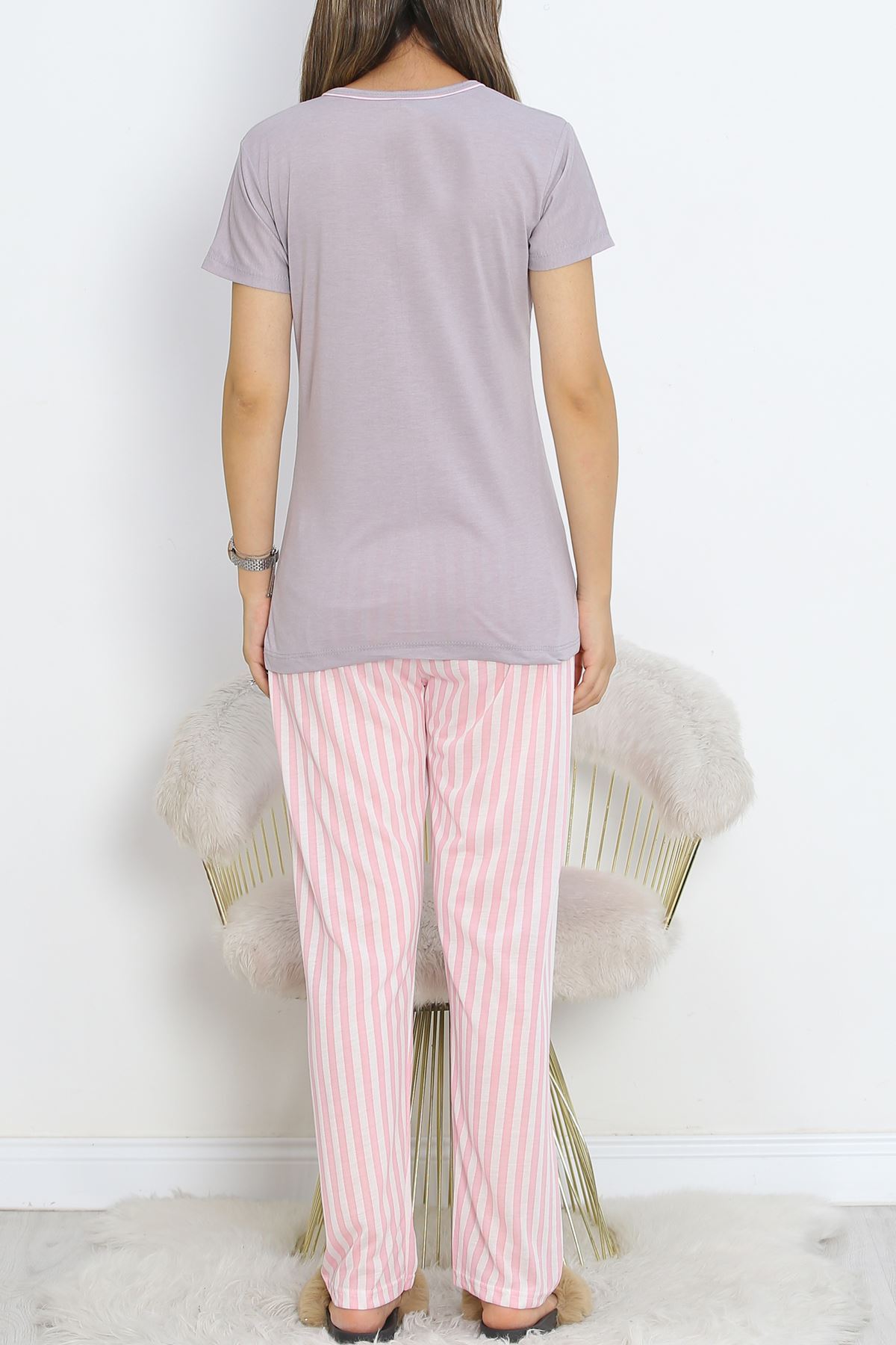 Pear Collar Short Sleeve Pajama Set with Intermediate Piping Pink