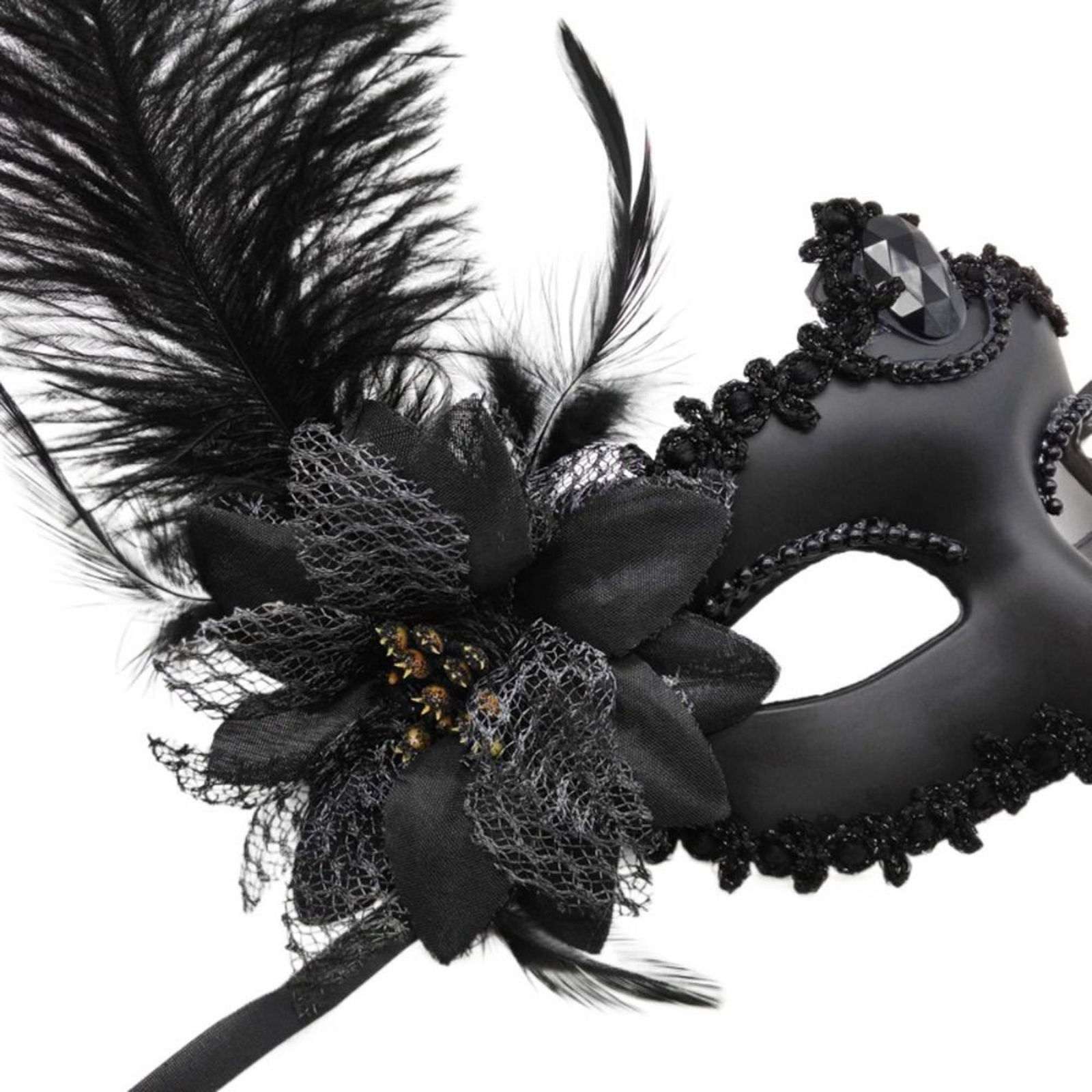 Black Matte Color Side Feather Party Prom Venetian Mask with Roses 16x22