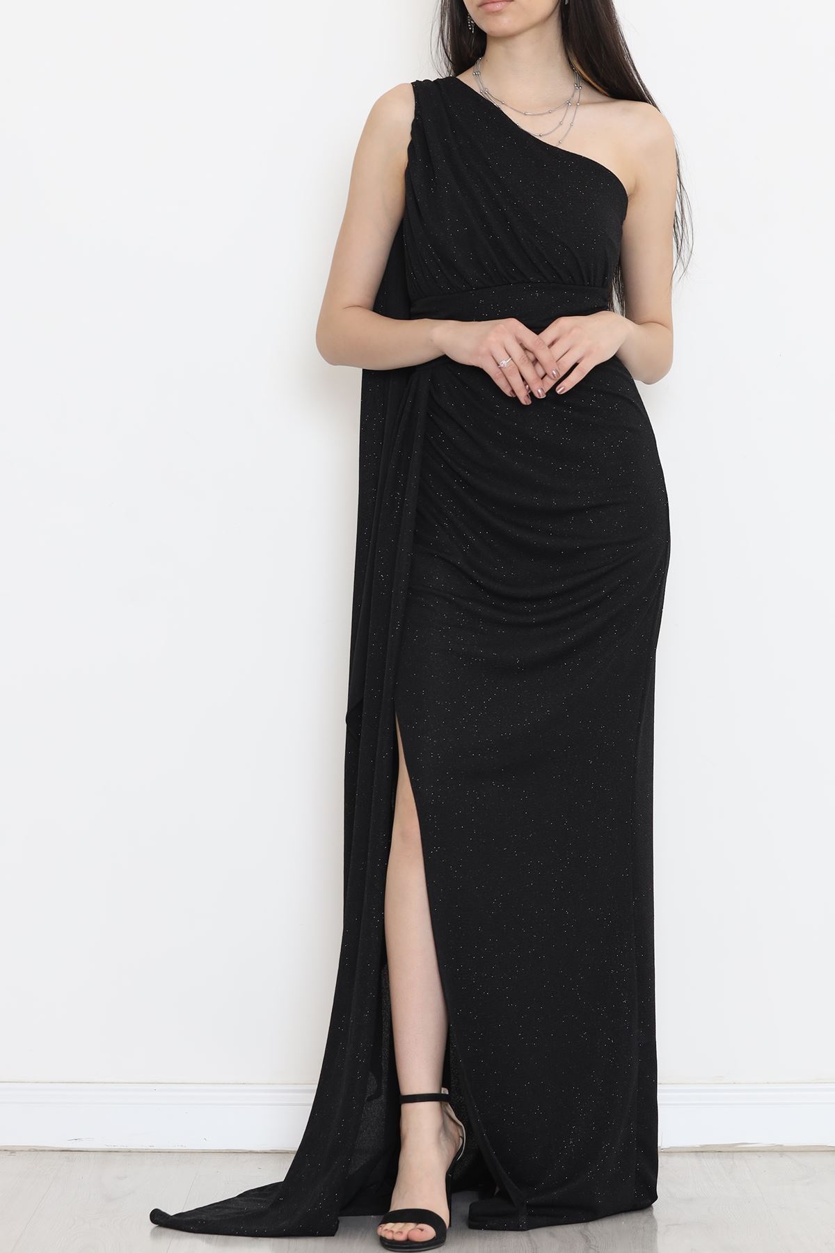 Silvery Crepe Draped Evening Dress Black