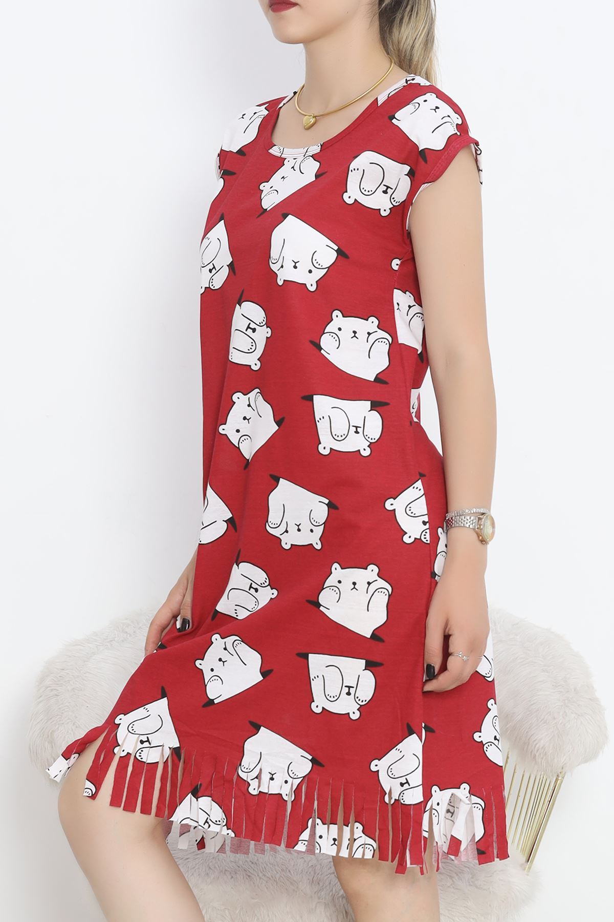 Printed Rotation Tassel Dress Red and White