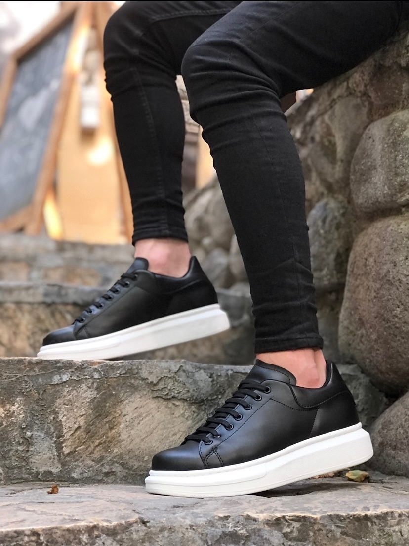 Thick High Sole Black White Lace-Up Sneakers For Men