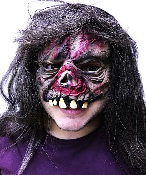 Zombie Latex Flesh Mask with Long Black Hair Half Face Teeth