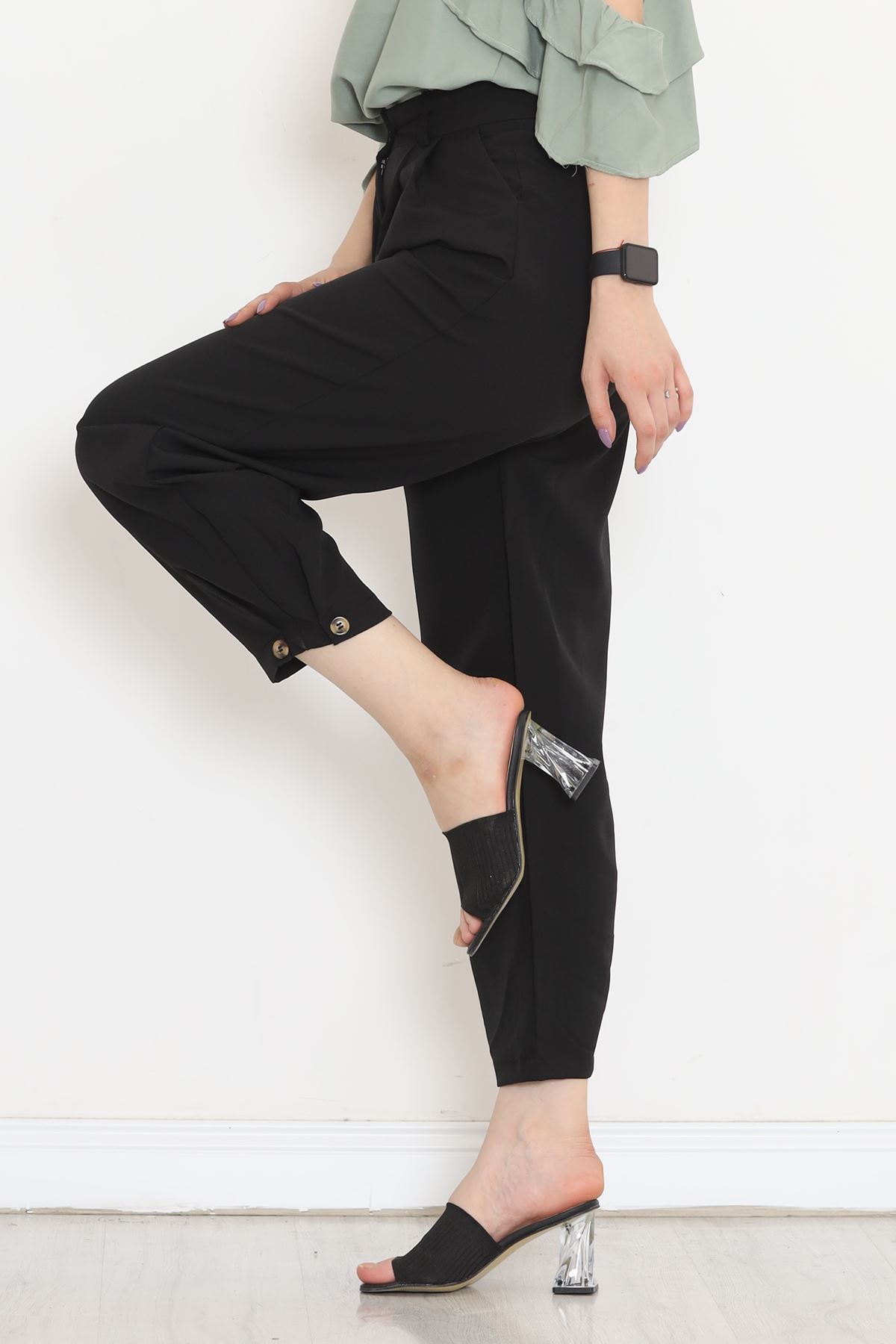 Trousers with Button Details Black