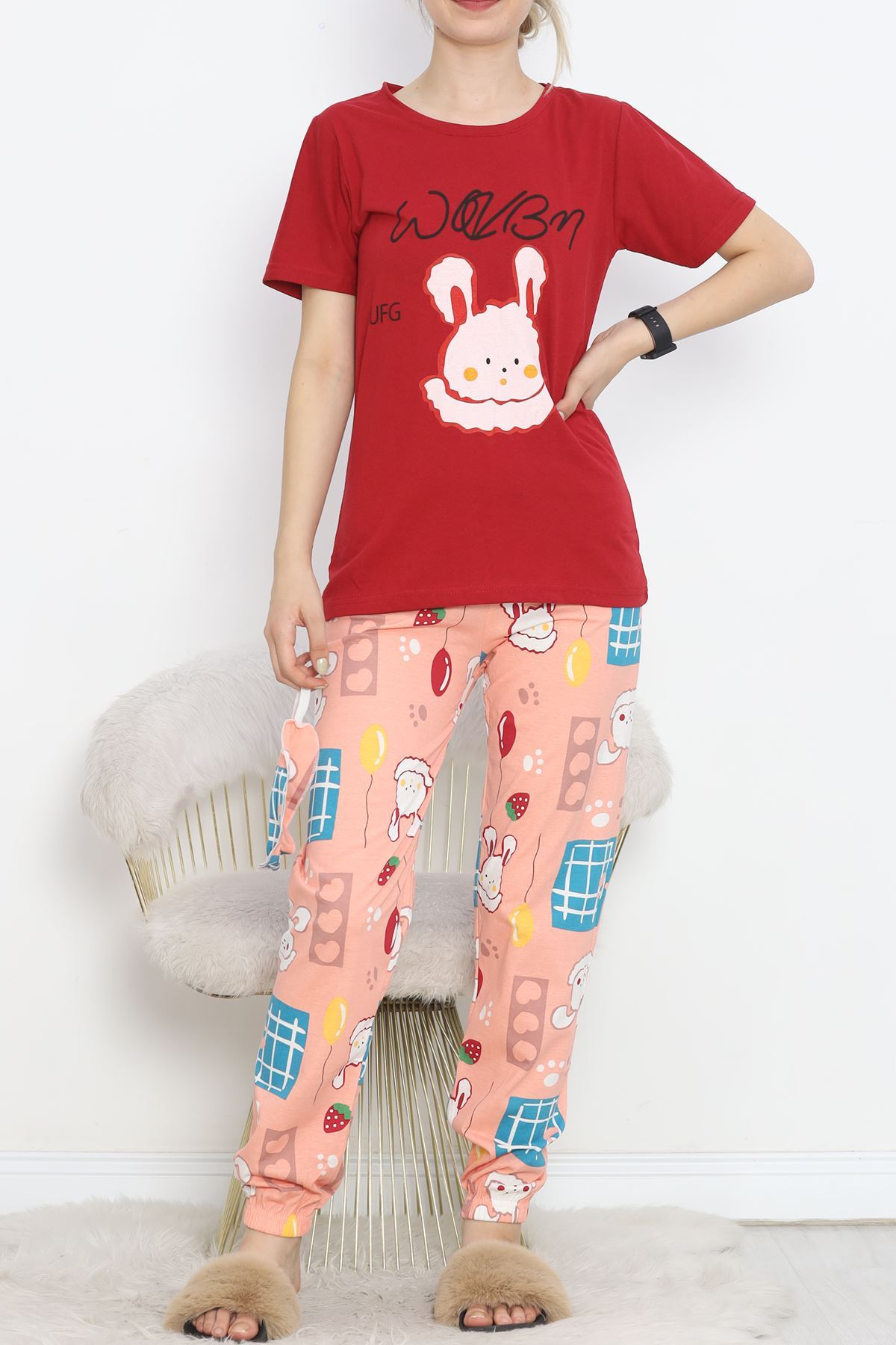 Leg Elastic Pajama Set Red Powder