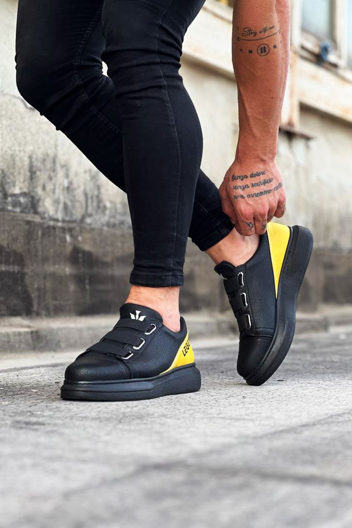 3 Band Legend Charcoal Yellow Thick Sole Casual Men's Shoes