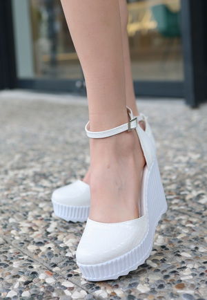 White Patent Leather Filled Heel Shoes