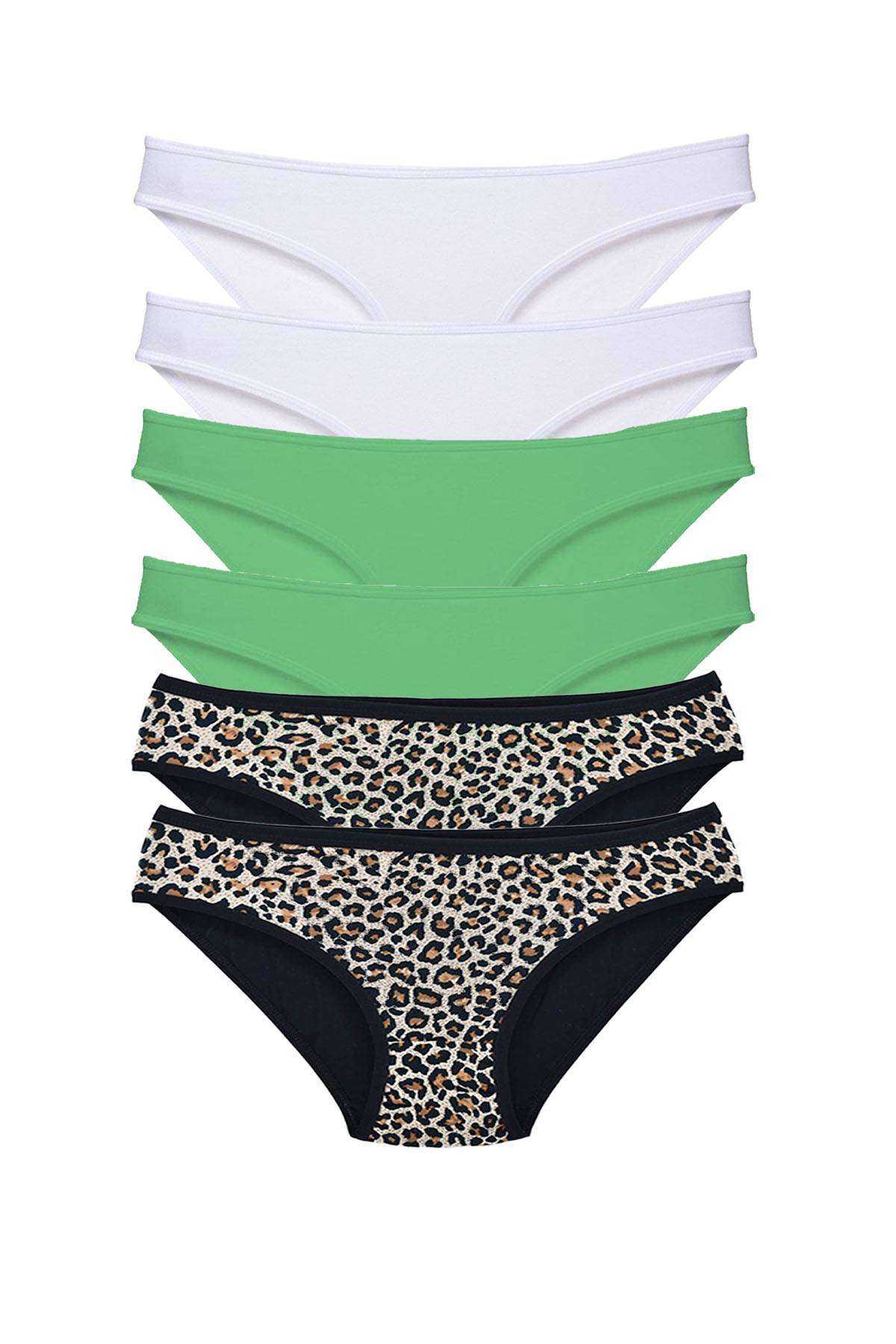 6 Pcs Lycra Women Slip Panties Leopard White Green