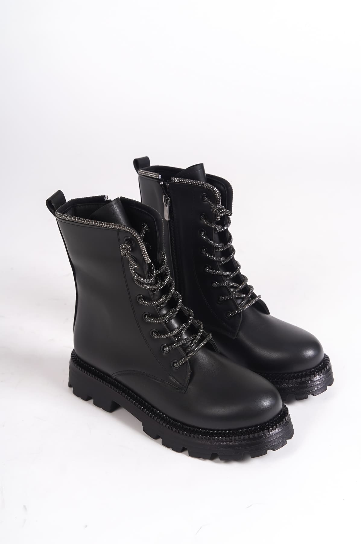 CLZ948 Lace-up Zippered Orthopedic Sole Water and Cold Resistant Women's Stoned Boots ST Black