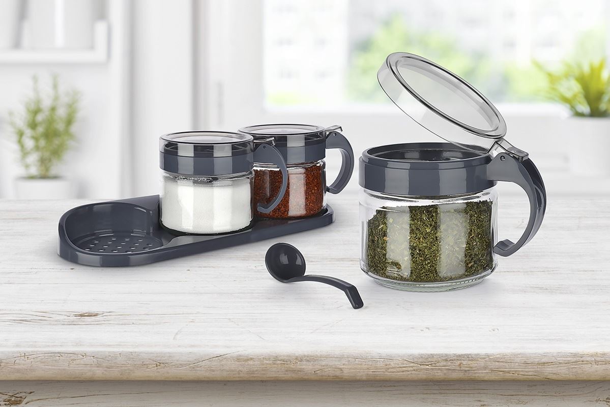 Spice Set 3 Pcs Glass Spice Rack with Spoon Stand