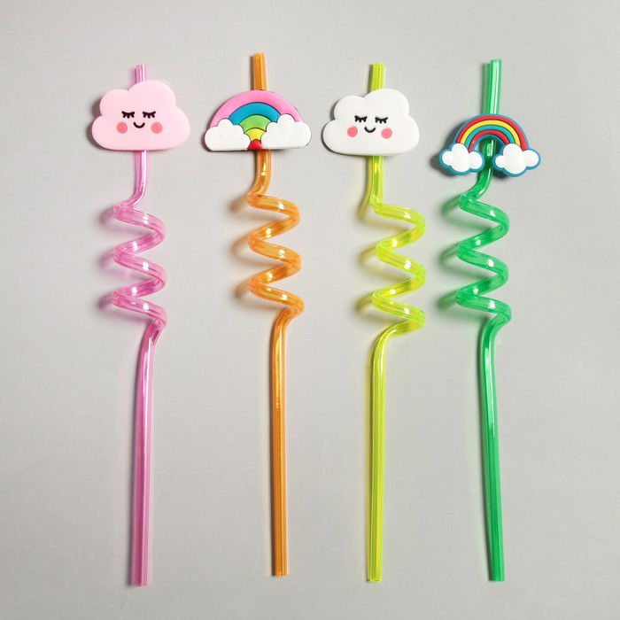 5 Piece Colorful Straw Set - Emoji Spiral Cocktail - Kids Straw with Cleaning Brush