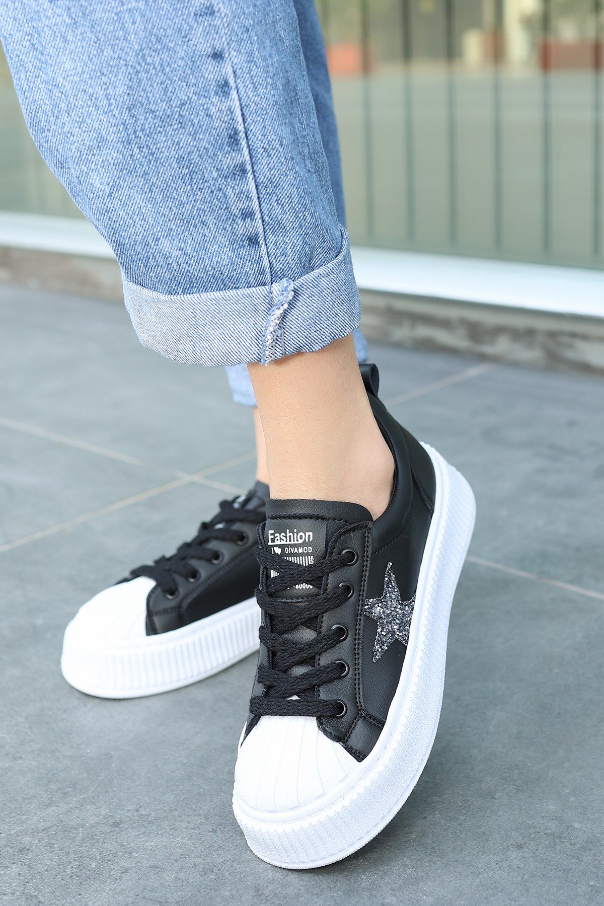 Black Skin White Sole Lace-Up Sneakers