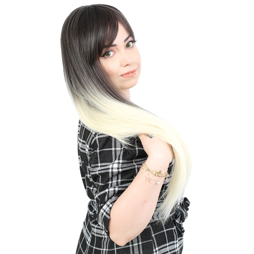 Kanekalon Fiber Synthetic Long Straight Bangs Wig / Ashy Black / Platinum Ombré