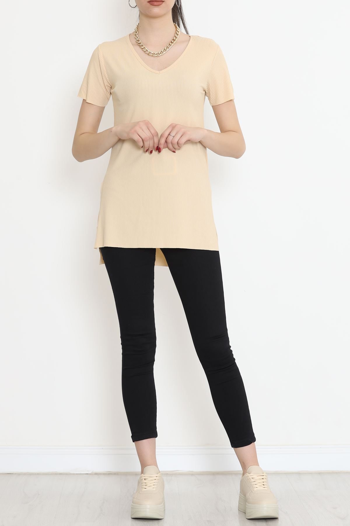 V-Neck T-Shirt with Slits Beige