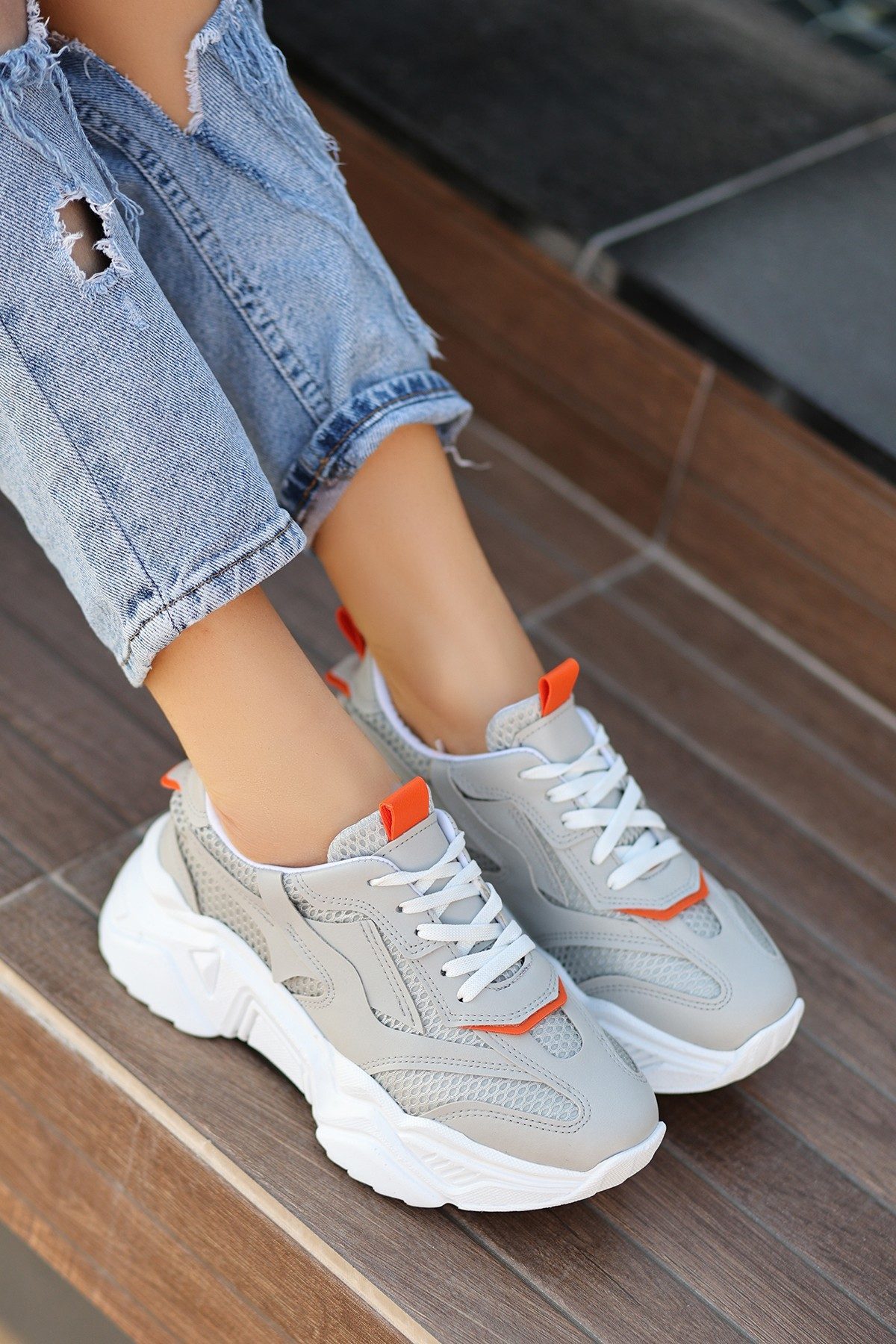 Gray Skin Lace-Up Sneakers