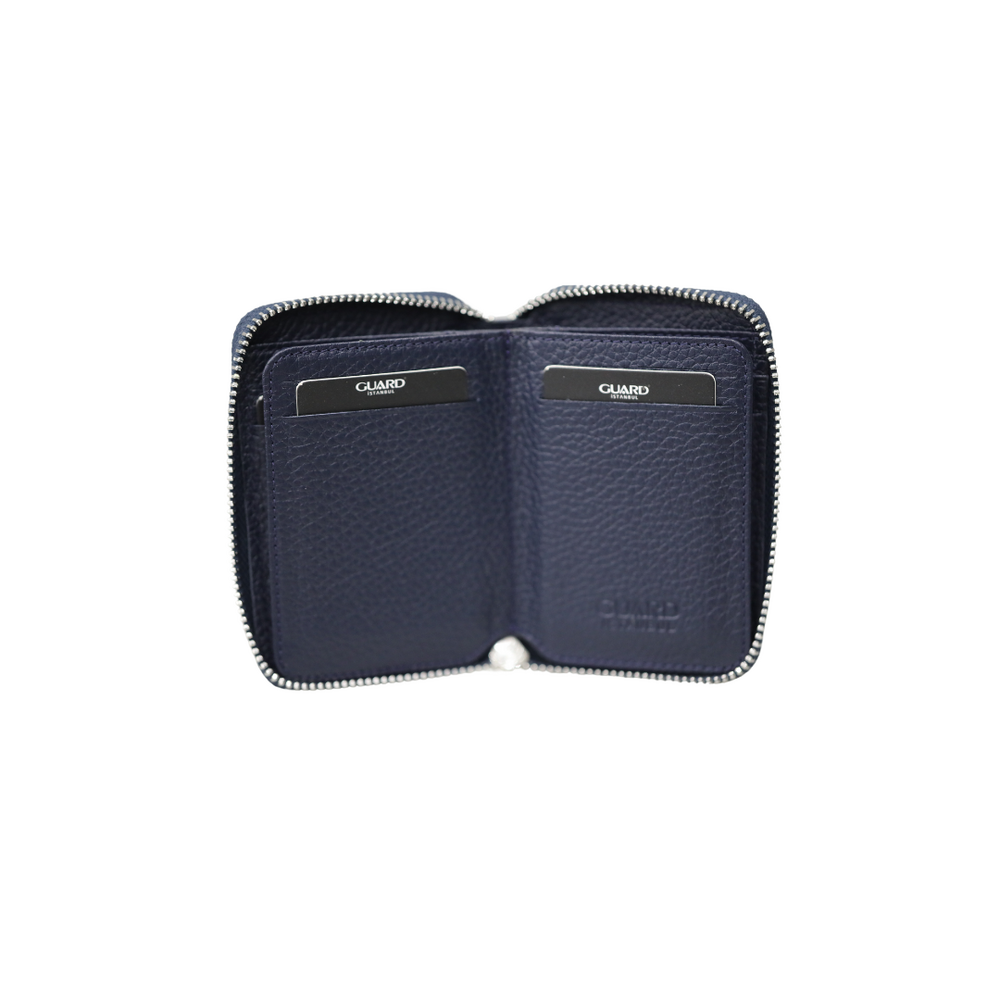 Navy Blue Leather Mini Wallet with Zipper