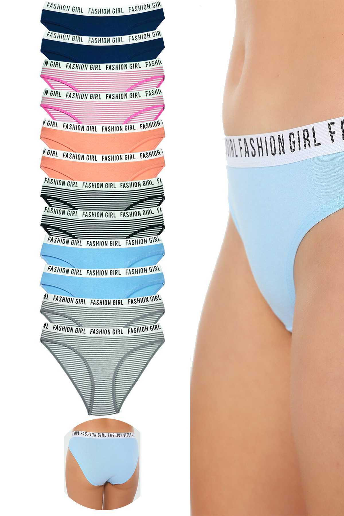 12 Pcs Elastic Cotton Women's Panties with Written Waist