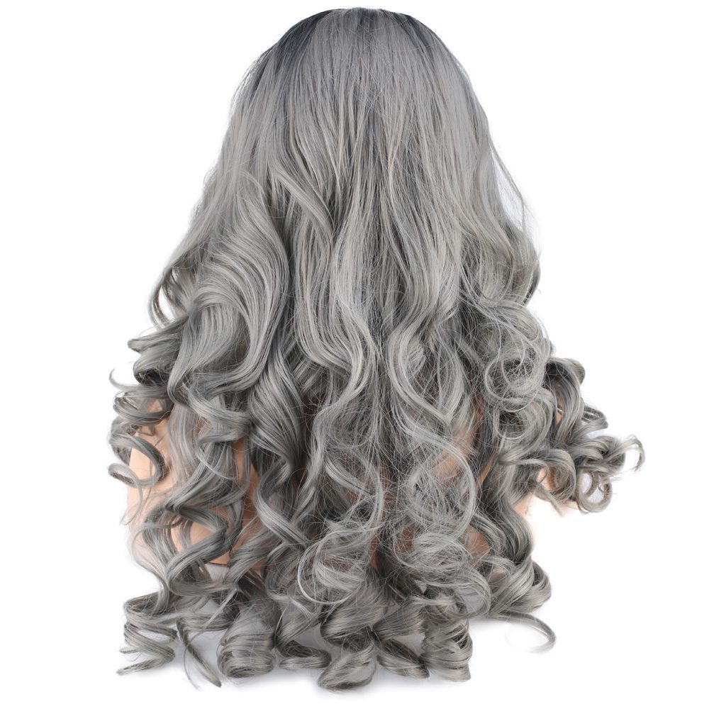 Long Kanekalon Fiber Synthetic Wig with Wavy Bangs / Black / Gray Ombré