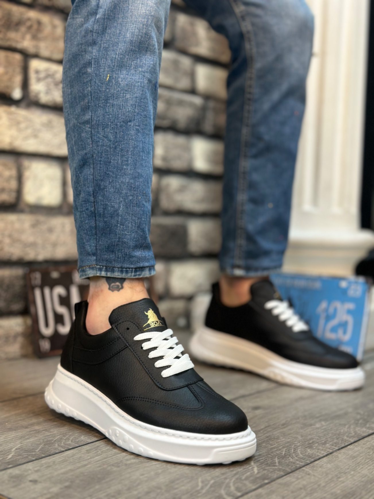 Thick High Sole Black Lace-Up Sneakers For Men