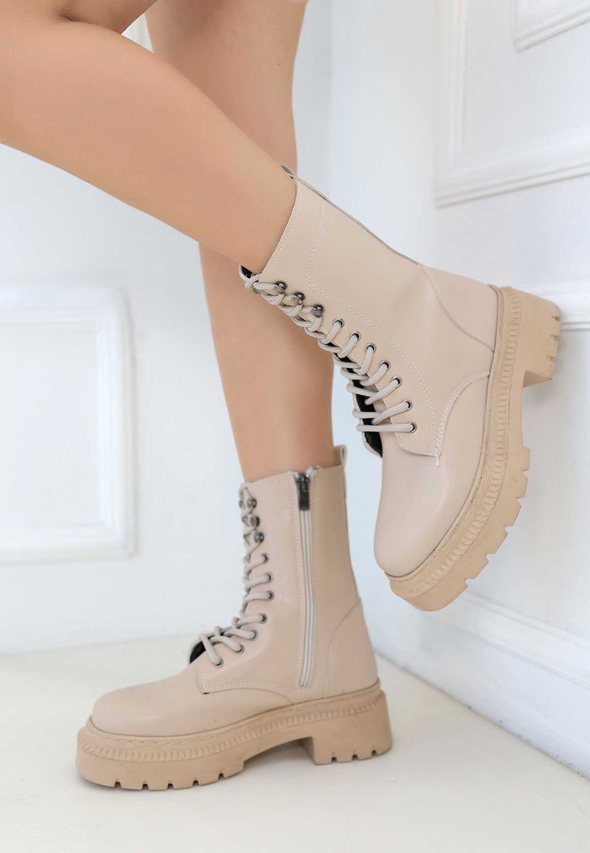 Nude Skin Lace-up Boots