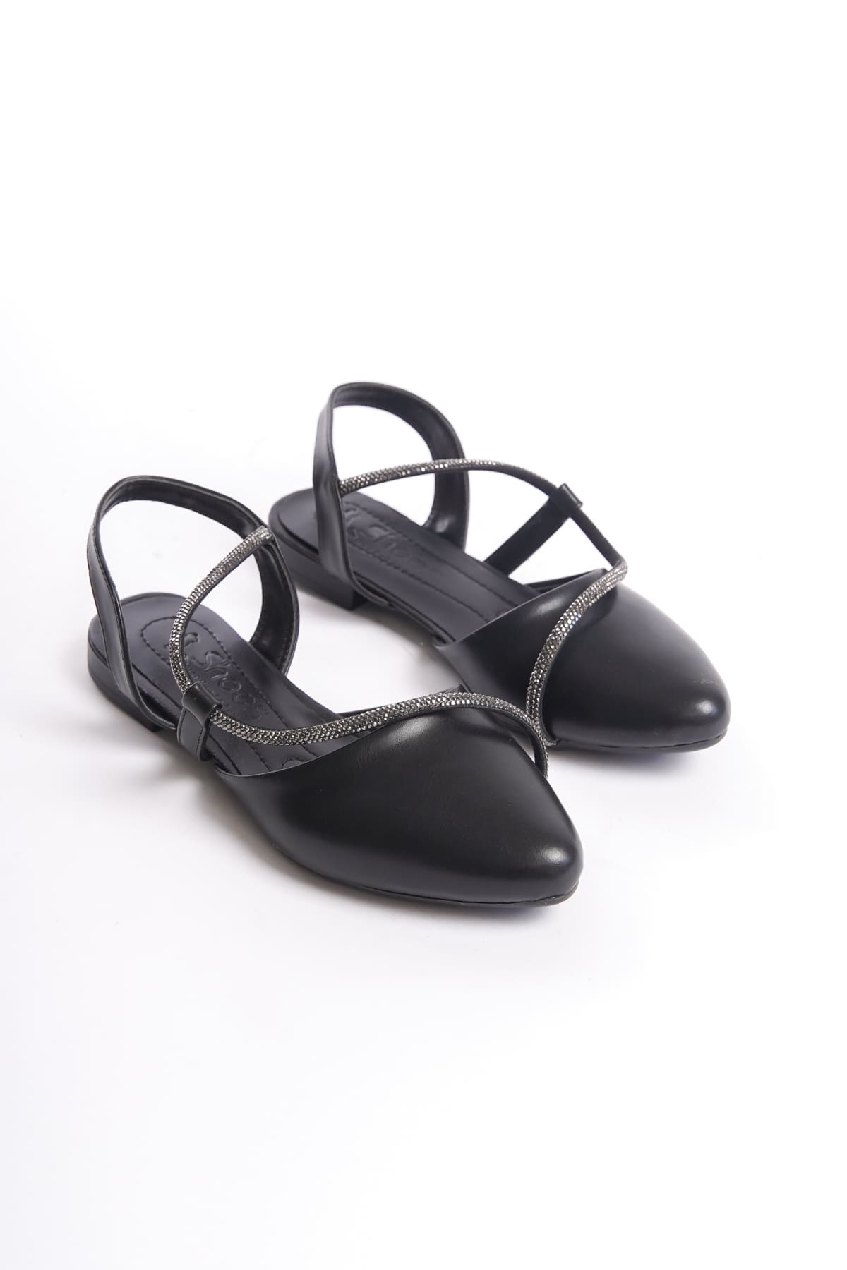 CLZ948 Rubberized Orthopedic Comfortable Sole Stone Detailed Women's Babet Shoes ST Black