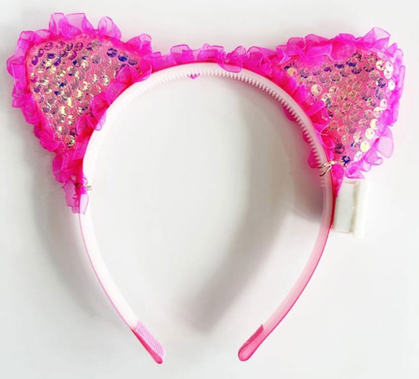 Fuchsia Sequin Sequined Led Lighted Cat Ear Crown with Lace Edges 17x19 cm