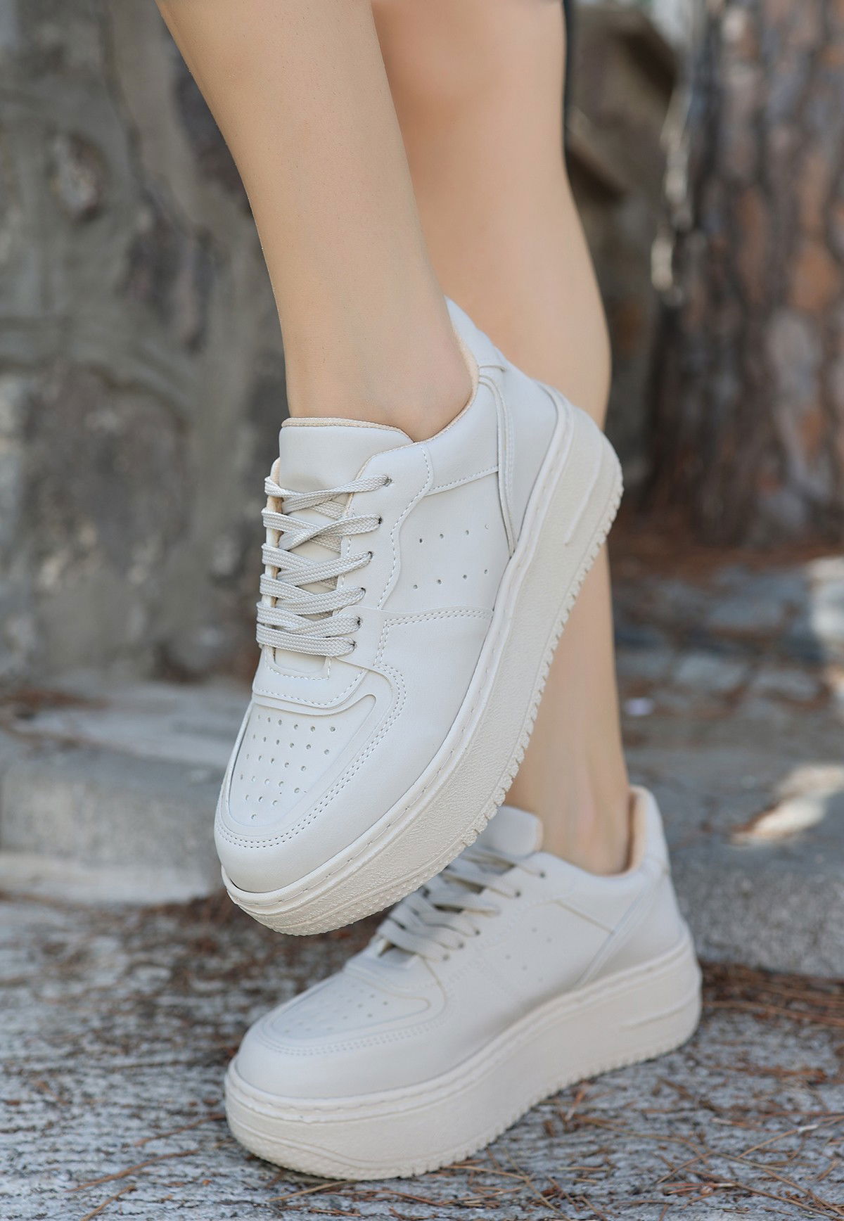 Beige Skin Lace-Up Sneakers