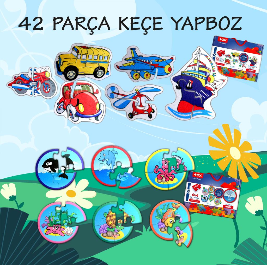 12 Set - 42 Pieces Sea Creatures and Transportation Vehicles 2+ Felt Jigsaw Puzzle - 2 Year Old Puzzle