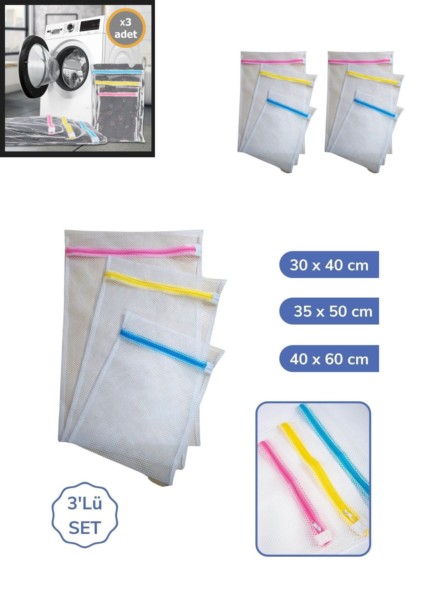 3'' Laundry Washing Net Set Colorful Zippered Practical Laundry Washing Net Set 3 Sizes