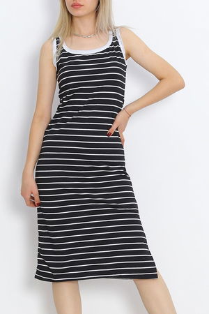 Striped Garnished Suprem Dress Black