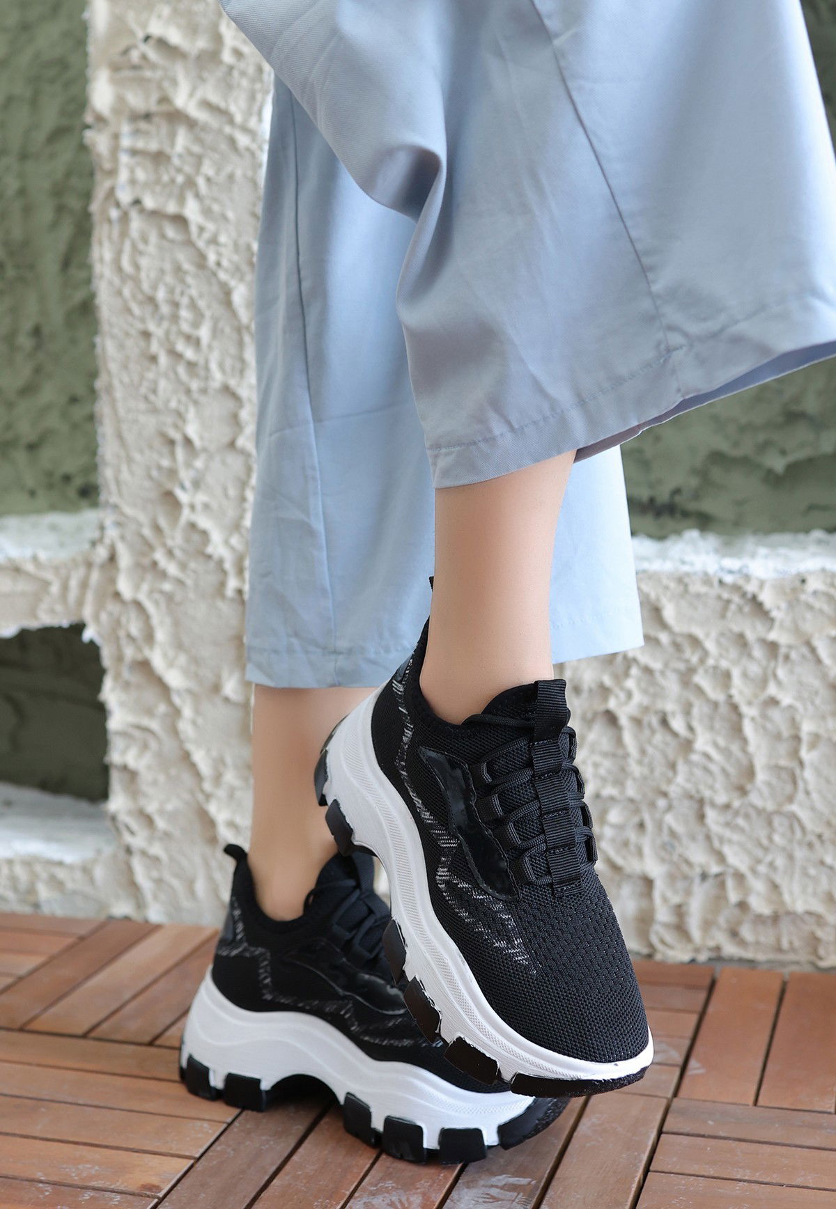 Black Tricot Lace-Up Sneakers