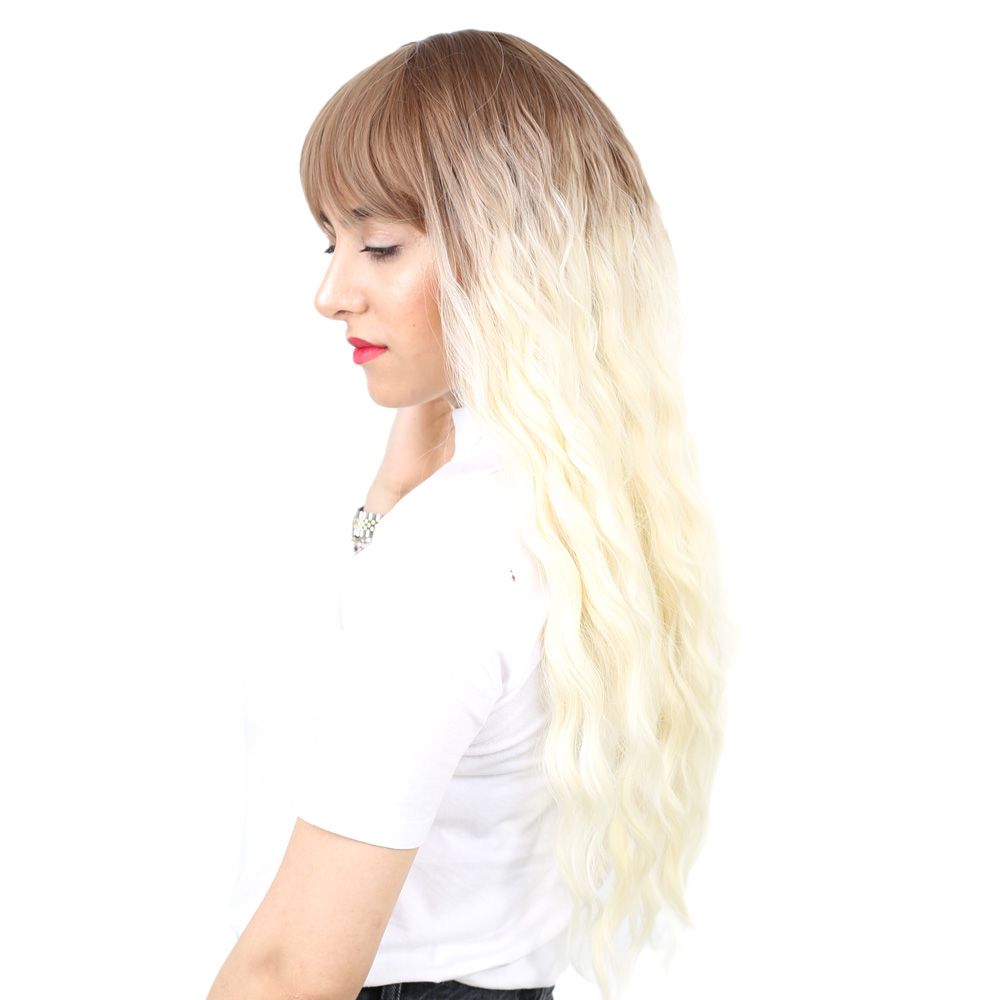 Kanekalon Fiber Synthetic Wig / Auburn / Platinum Ombré Long Water Wavy Look with Special Bangs