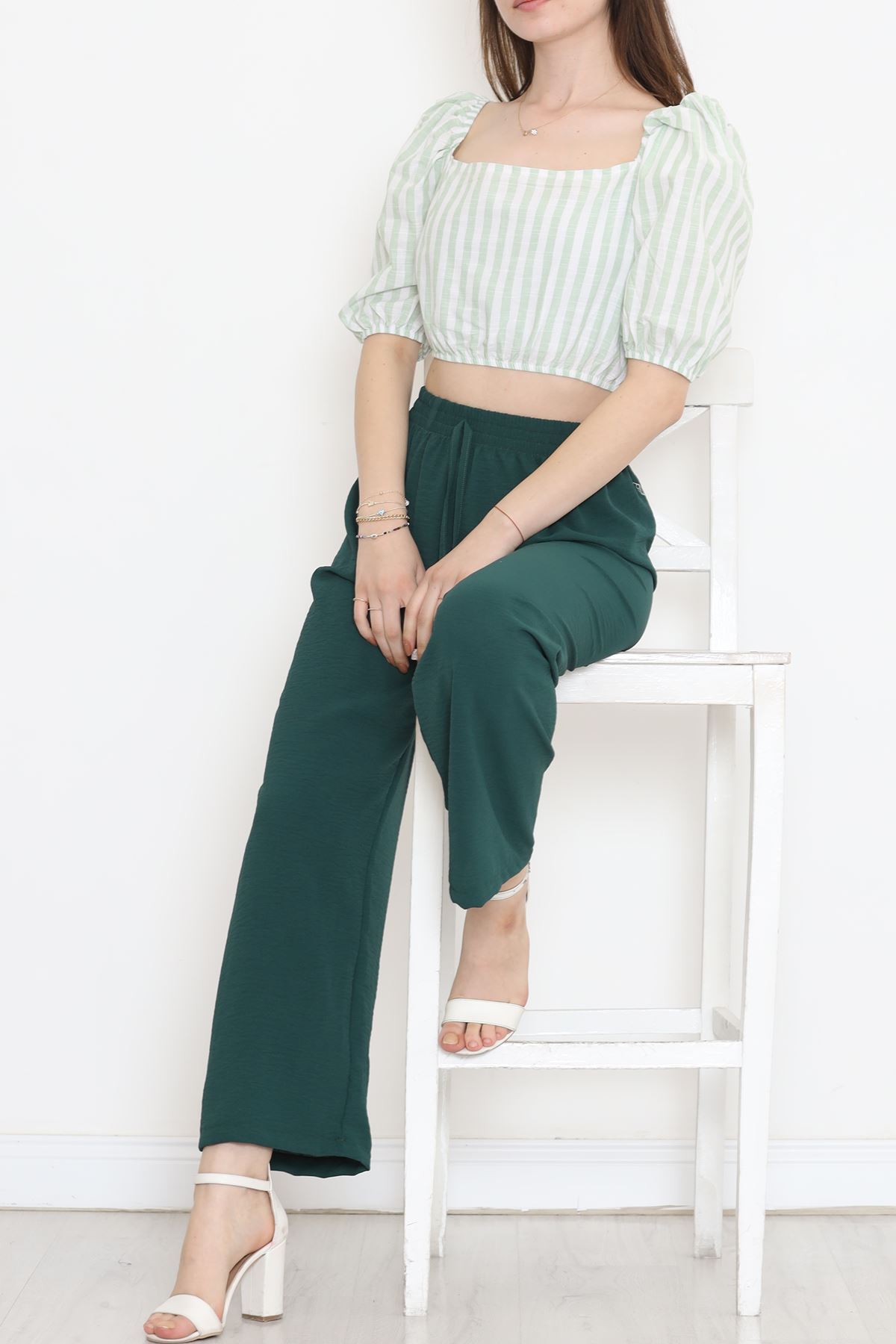 Striped Crop Blouse Green