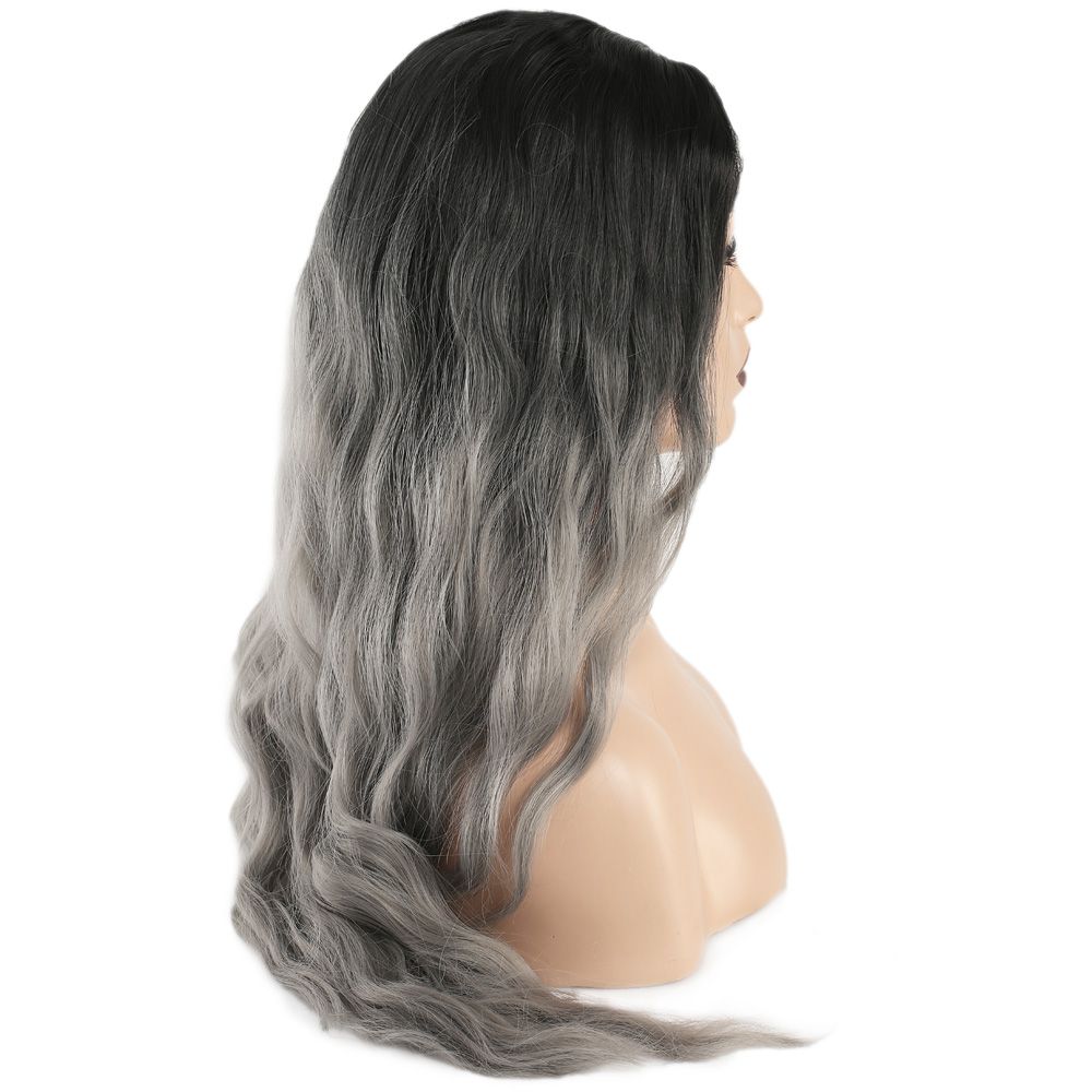 Kanekalon Fiber Synthetic Long Water Wavy Look Wig / Black Gray Ombré