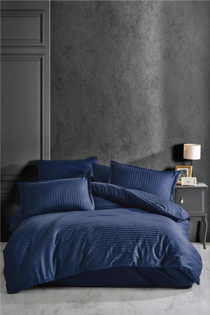 Striped Satin Double Duvet Cover Set - Navy Blue