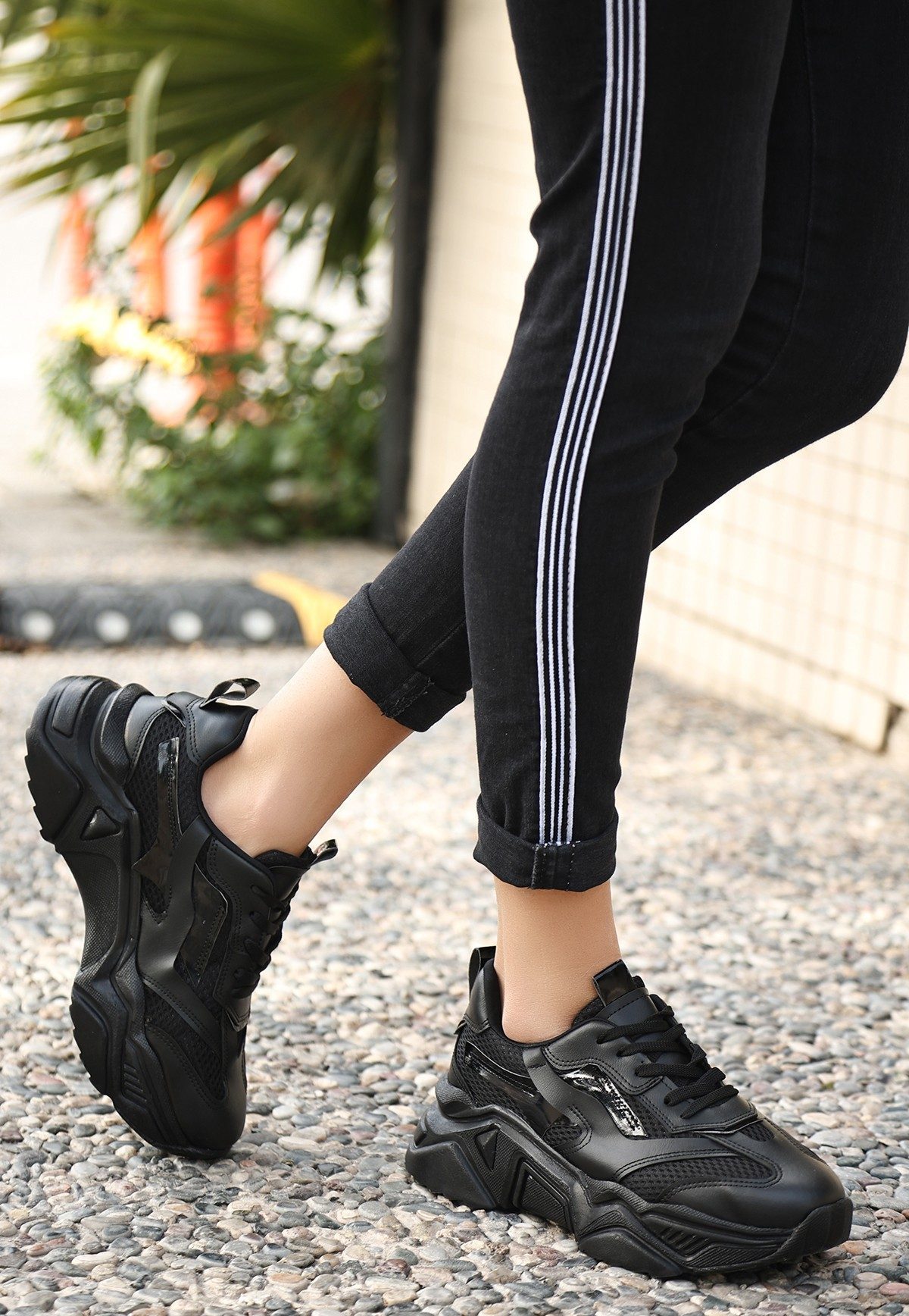 Black Skin Lace-Up Sneakers