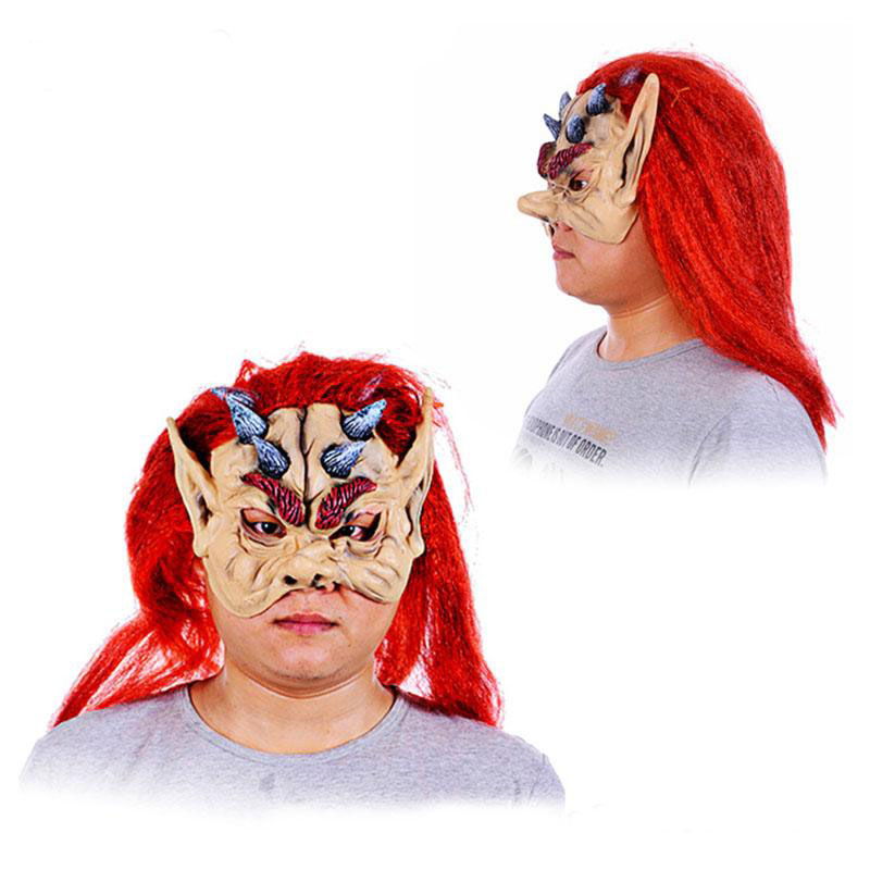 Latex Asterix Viking Hobbit Mask with Red Hair Half Face Horns