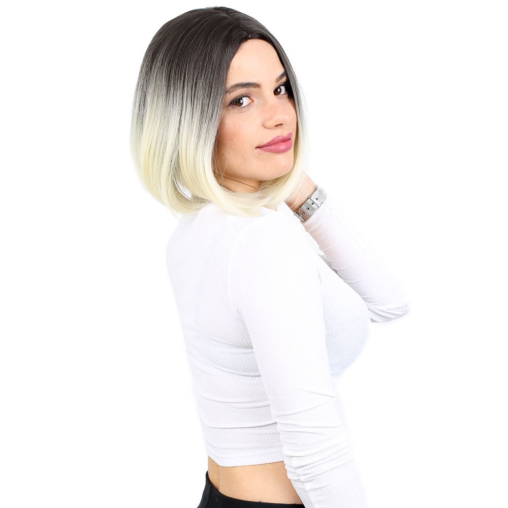 Straight Short Kanekalon Fiber Synthetic Wig without bangs / Ashy Black / Platinum Ombré