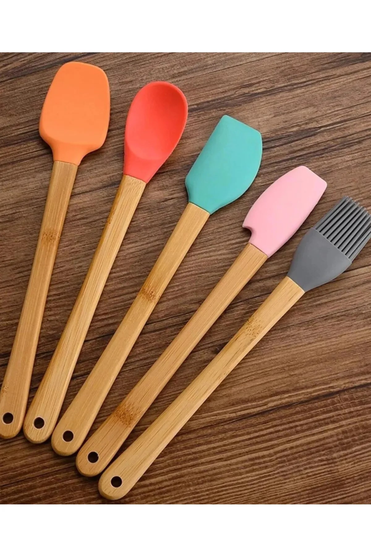 5-Piece Colorful Wooden Handle Silicone Tipped Spatula Spoon Set with Brush -Dish Prep Set 21 Cm