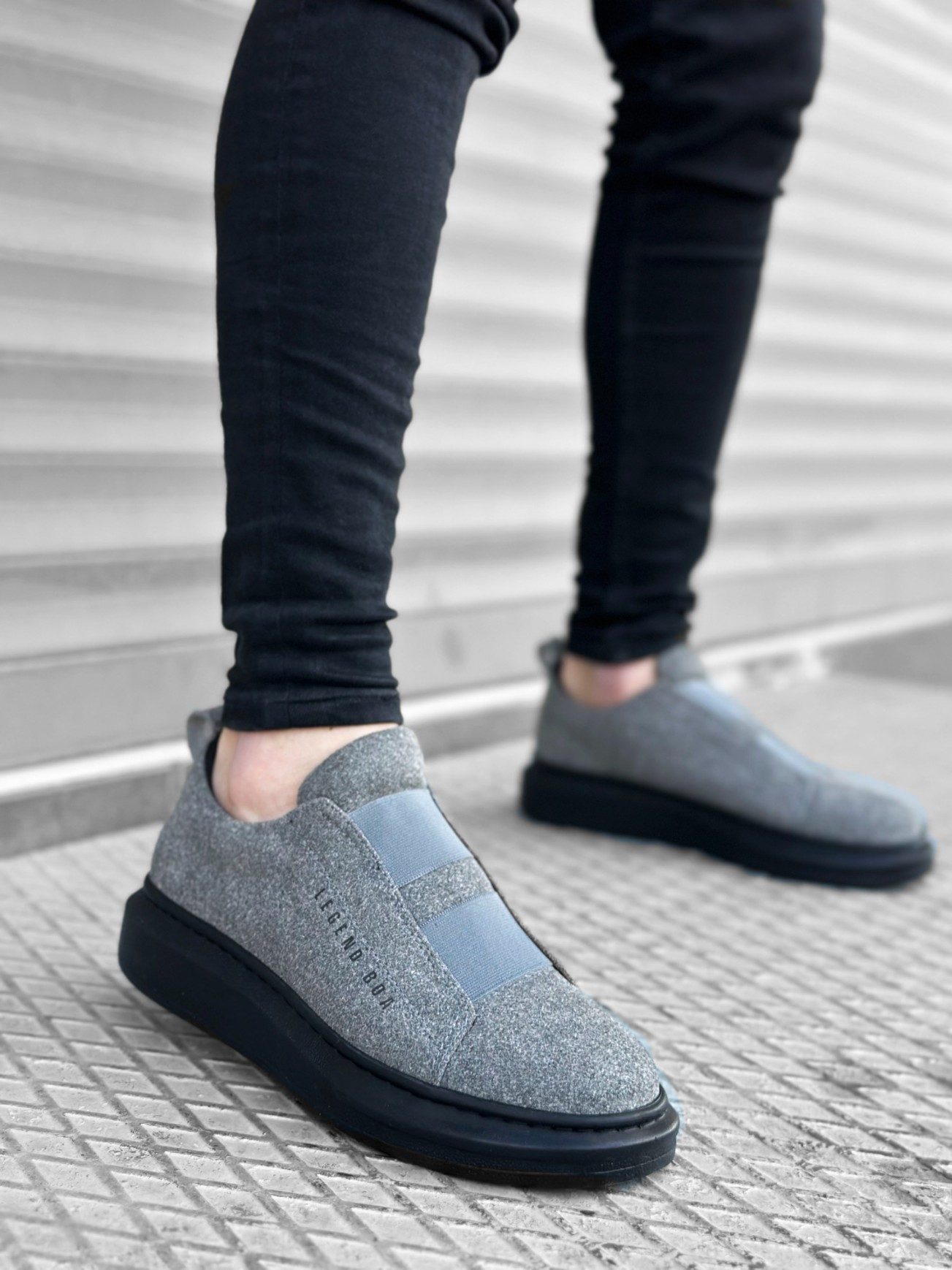 Thick Suede High Sole Double Band Gray Black Men's Shoes