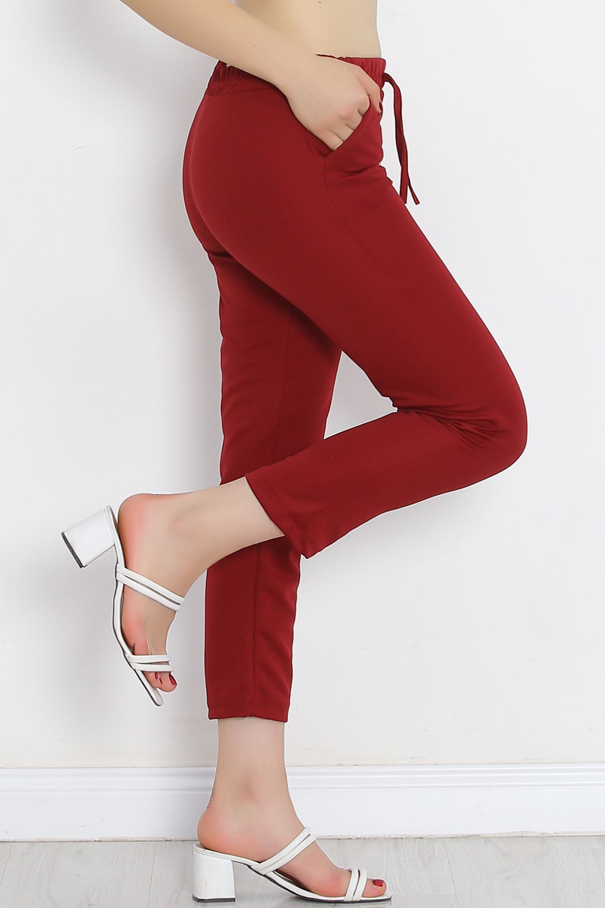 Crepe Lace-up Detailed Trousers Burgundy