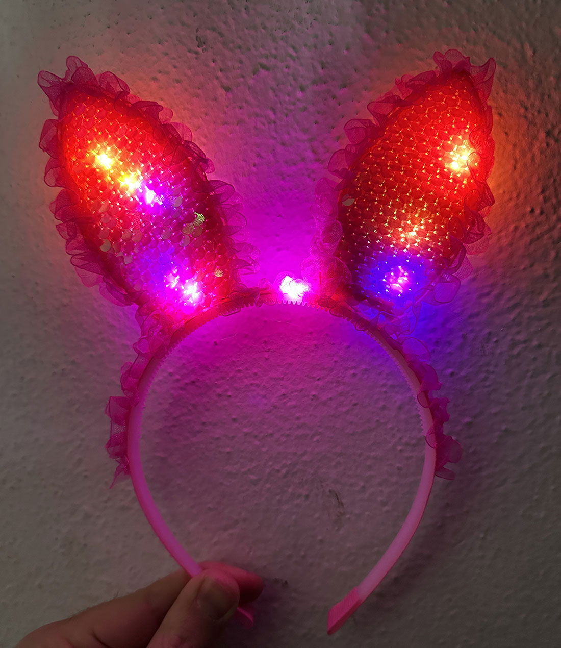 Fuchsia Sequin Sequined Led Lighted Rabbit Ear Crown with Lace Edges 23x19 cm